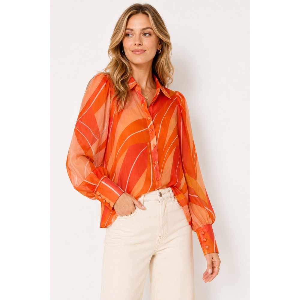 RNWY Orange Abstract Sheer Button Up Blouseā Puff Sleeve Top Size S